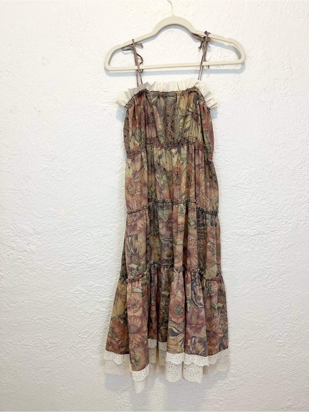 Vintage Dress Midi Floral Cottagecore Farmhouse Boho Prairie Mauve Beige S/M - Picture 13 of 14